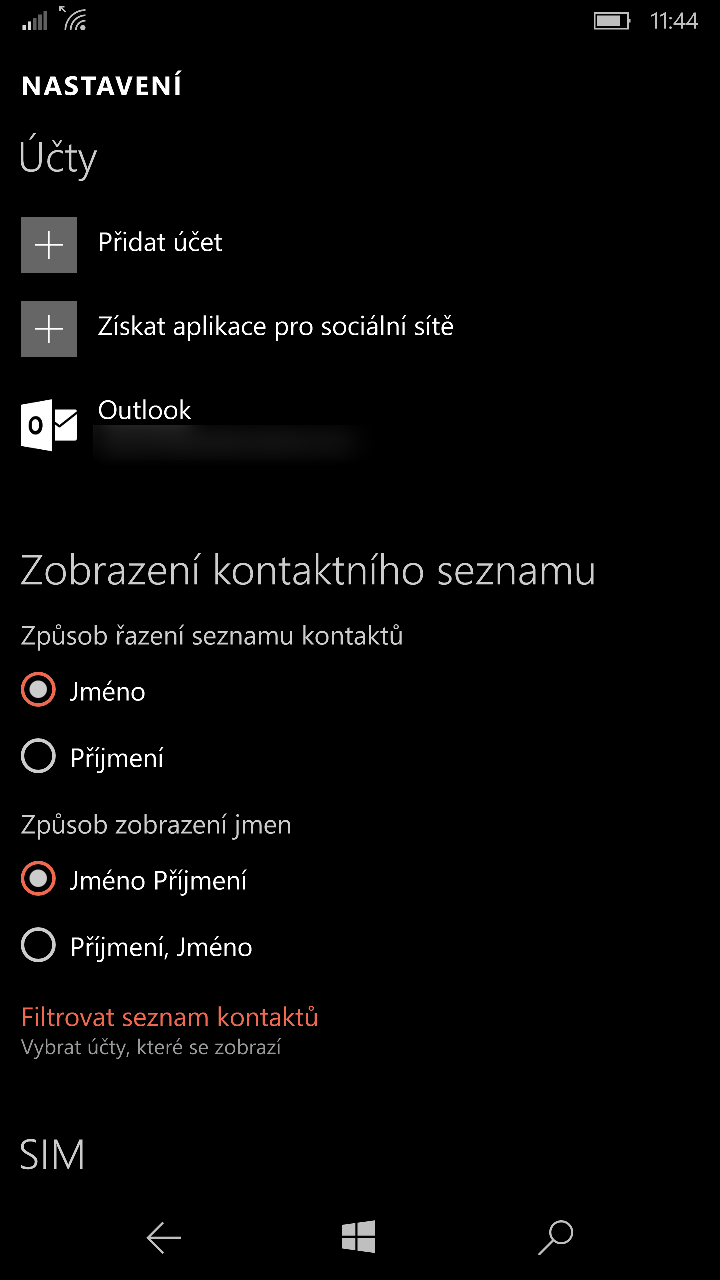 Aplikace Lidé nastavení Windows 10 Mobile